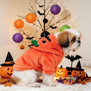 Cute Halloween dog hoodie costume for small puppies, soft pumpkin outfit for pet party apparel.