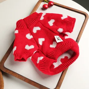 Cute red pet dog sweater with white heart pattern, soft knit apparel for small puppies in spring.