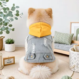 Pet dog denim hoodie vest retro style small puppy clothes front back view product main shot