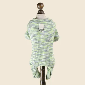 Cute green knitted pet jumpsuit for small dogs, cozy autumn winter pet apparel with D-ring.