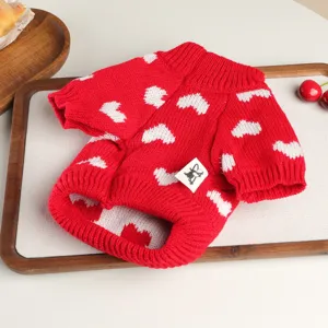 Red and white heart print pet sweater for small dogs and cats, cozy knit winter dog apparel.