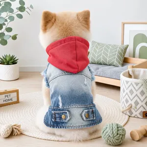 Cute dog denim jacket with red hoodie, stylish pet clothes for small dogs autumn wear.