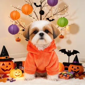 Cute orange pet dog hoodie costume for Halloween party, soft plush apparel for small dogs puppy.