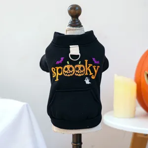 Black pet dog hoodie with spooky pumpkin embroidery, cute Halloween costume for small puppies.