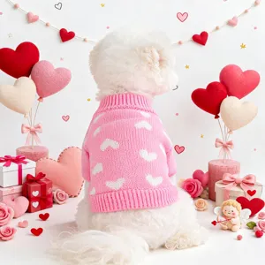 Cute pink dog sweater detail view featuring cozy knit heart pattern and romantic scene decor.