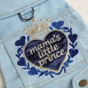 Cute denim pet jacket for small dogs, stylish turn-down collar puppy coat with embroidery.