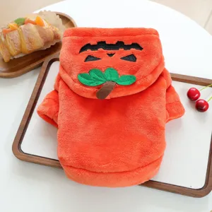 Cute pumpkin pet dog hoodie costume detailed view, soft fleece autumn winter warm puppy apparel.