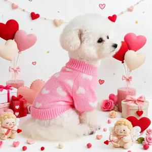 Pink knit pet sweater with white hearts detail for small dogs, cute Valentine style detail view.