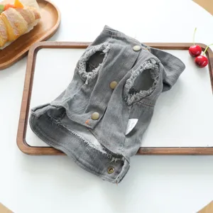 Distressed denim pet jacket for dogs and cats, retro grey vest with metal snap buttons.