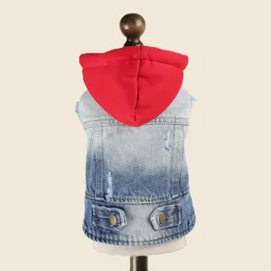 Pet dog denim hoodie puppy vintage vest cute red cap warm spring autumn small dogs apparel