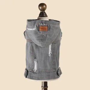 Grey denim pet hoodie with distressed ripped details for dogs and cats detail view