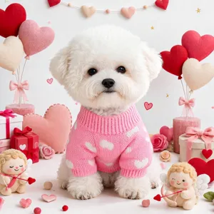 Cute pink heart dog sweater for small dogs, breathable Valentine pet apparel detail view.