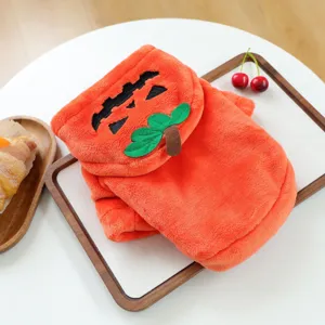 Cute orange pumpkin pet dog costume, soft fleece hoodie outfit for small puppies, Halloween.