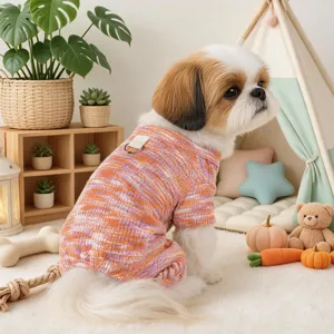 Cute colorful knitted dog jumpsuit for small puppies with traction ring, warm pet homewear.