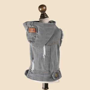 Pet denim hoodie jacket with distressed ripped holes and hood, cool grey pet apparel.