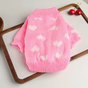 Cute pink heart knit pet sweater for small dogs and puppies, warm autumn spring apparel.