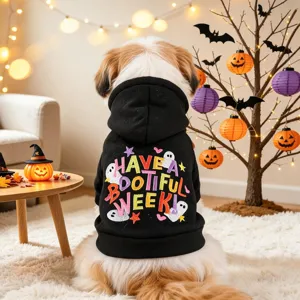 Cute Halloween dog hoodie with ghost embroidery, black pet apparel for small puppies and cats.