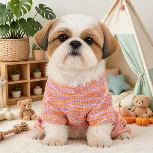 Cute small dog knitwear detail shot, cozy pink and orange striped pet puppy home clothes.
