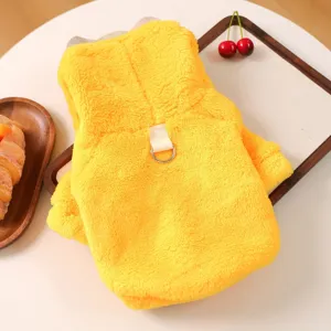 Yellow plush pet hoodie for small dogs, cute animal costume with D-ring for winter.