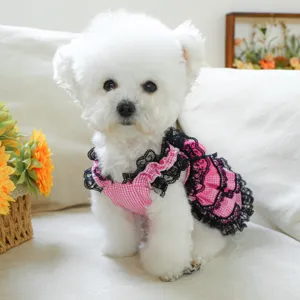 Pink plaid lace pet dress for small dogs and cats cute puppy apparel detail view skirt outfit