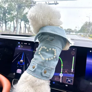 Pet denim jacket for small dogs and cats, featuring a stylish pearl heart design on back.