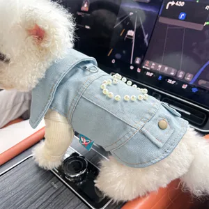 Pet denim jacket for small dogs and cats, cute pearl heart design, classic style detail shot.