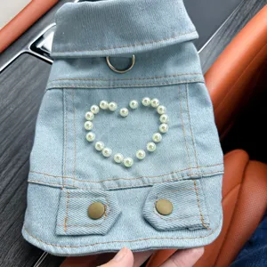 Pet Denim Jacket Pearl Heart Puppy Coat Cute Dog Clothes For Small Dogs Cats Puppy Apparel Pet Supplies