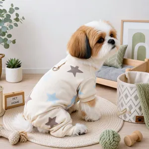 Cute four-legged puppy jumpsuit with star patterns and leash ring, soft pet clothes.