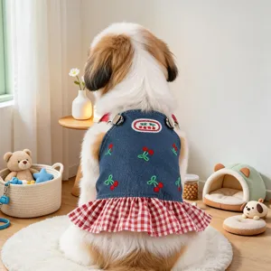 Cute denim cherry dog dress with red gingham ruffle skirt for small puppies and cats spring wear