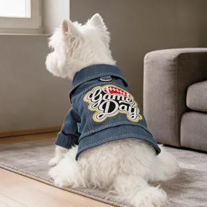 Pet Dog Denim Jacket Puppy Winter Autumn Clothes Retro Game Day Embroidery Coat With Leash Ring For Small Dogs Pets Apparel