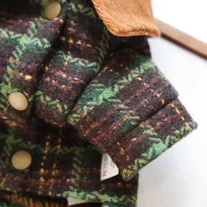 Close-up detail of winter pet dog clothes with plaid tweed fabric and corduroy collar.