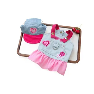 Cute pet dog denim hat and skirt set, fashionable puppy outfit with sweet pink ruffles.