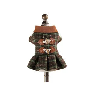Pet autumn winter plaid dress small dog cute lapel toggle button warm apparel clothing item