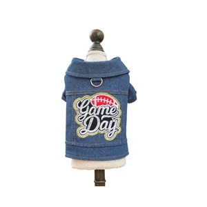 Cute pet denim dog jacket with lapel design and leash D-ring, perfect for small dogs.
