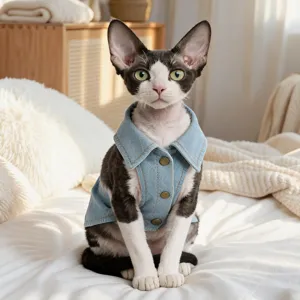 Detailed view of cute light blue denim pet vest for small cats and dogs, stylish outdoor apparel.