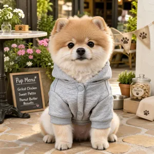 Cute grey hooded pet sweatshirt for small dogs, comfortable cotton puppy clothes for spring.
