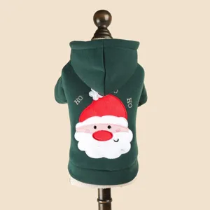 Cute Christmas pet hoodie for small dogs with Santa Claus embroidery and hood, dark green.