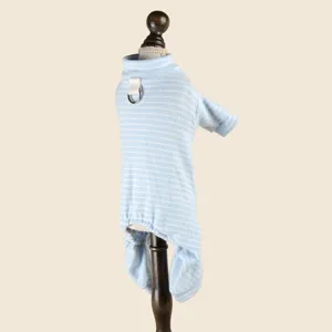 Blue white striped pet jumpsuit detail view, soft knit dog clothes with d-ring leash.