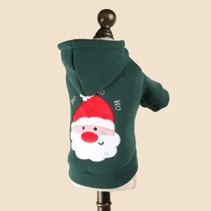 Green pet hoodie with cute Santa embroidery and hood, perfect for Christmas winter wear.