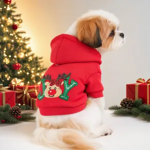 Felpa natalizia per cani con ricamo renna e JOY, abbigliamento caldo e festivo per piccoli cani.