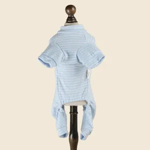 Blue striped pet jumpsuit detail view, soft cotton dog clothes for cozy indoor daily wear.