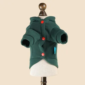Cute dark green pet hoodie with red buttons, warm fleece dog clothes for small puppies.
