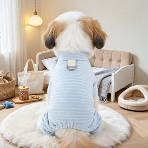 Cozy striped pet pajamas detail, soft blue and white four-leg dog clothes with metal D-ring.
