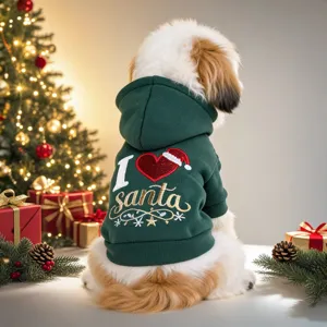 Charming green pet Christmas hoodie featuring cute embroidered holiday text and a soft hood.