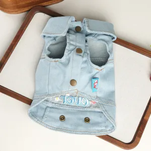 Light blue denim pet vest with daisy and letter embroidery, cute puppy and cat clothes.