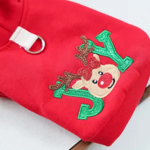 Felpa con cappuccio per animali domestici rossa vestiti per cani renna ricamata inverno