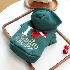 Detail shot of green pet hoodie with festive Santa embroidery and cozy fabric for small dogs.