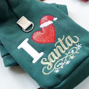 Green pet dog Christmas hoodie sweatshirt with cute Santa embroidery and leash ring for winter.