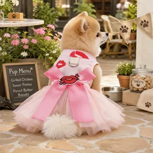 Mascota Perro Vestido Lindo Labios Rojos Estampado Tutu Falda Malla Lazo Princesa Cachorro Ropa Para Pequeños Gatos