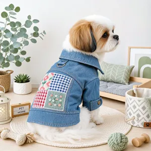 Cute pet denim jacket for small dogs, stylish lapel and colorful patchwork design with leash ring.